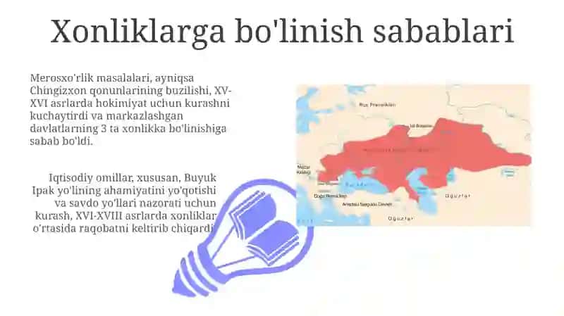 Oʻrta Osiyoning xonliklarga boʻlinib ketishi uning sabab va oqibatlari 3