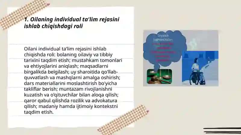 Alohida yordamga muhtoj bolani umumtaʼlim maktabi yoki maktabgacha tashkilotda inklyuziv taʼlim sharoitida oʻqishga moslashishida oila va maktabning oʻrni Hamdamov Elbek 3