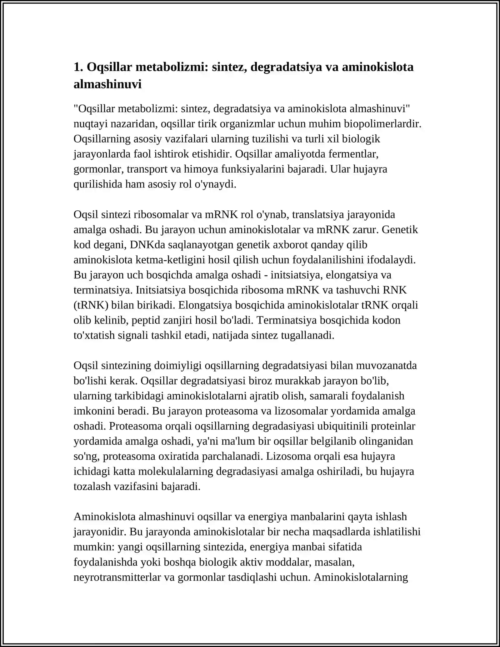 Oqsillar metabolizmi: sintez, degradatsiya va aminokislota almashinuvi 3