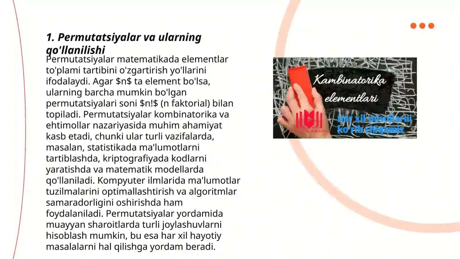 Kambinatorika mavzusidagi formulalar yordamida yechiladigan masalalar tuzish 3