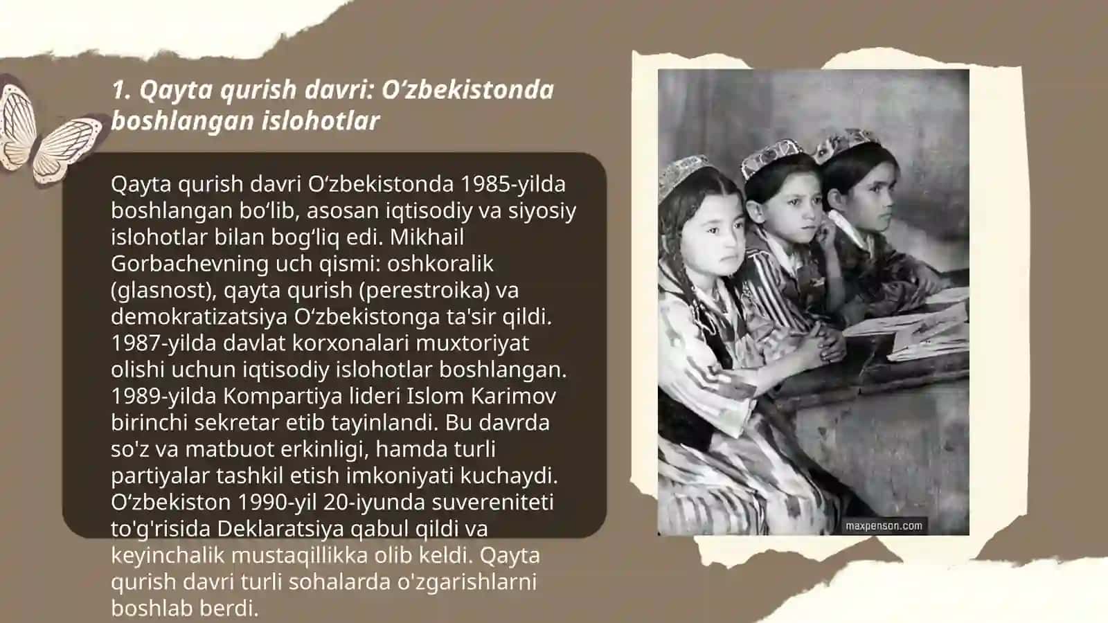 Qayta qurish davri: Oʻzbekistonda boshlangan islohotlar 3