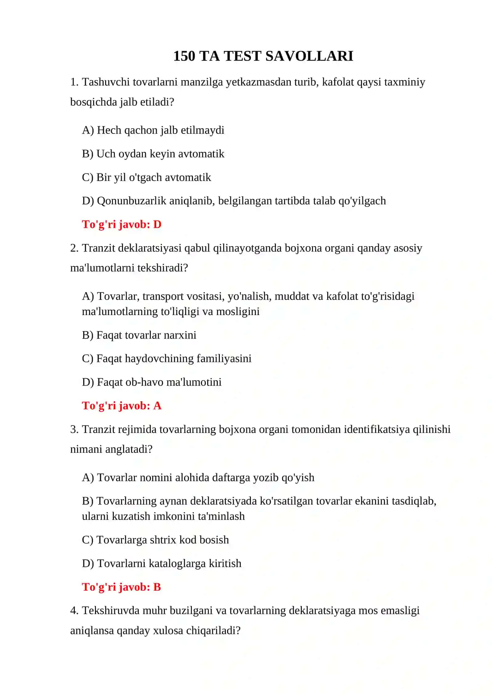 TRANZIT BOJXONA IMTIHON TESTLARI 3