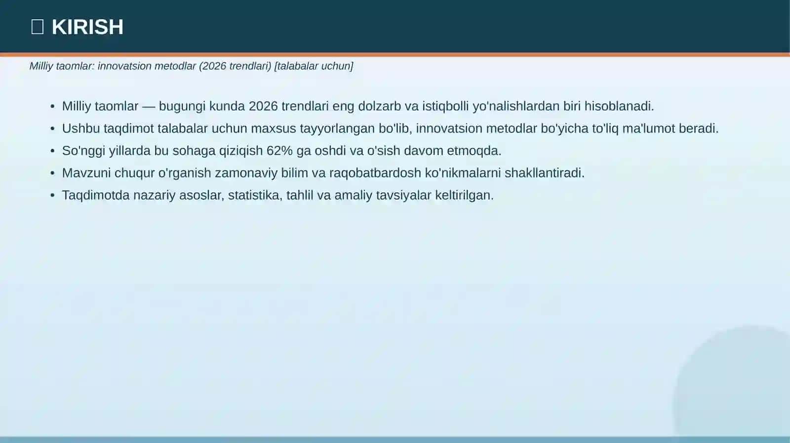 Milliy taomlar: innovatsion metodlar (2026 trendlari) [talabalar uchun] 3