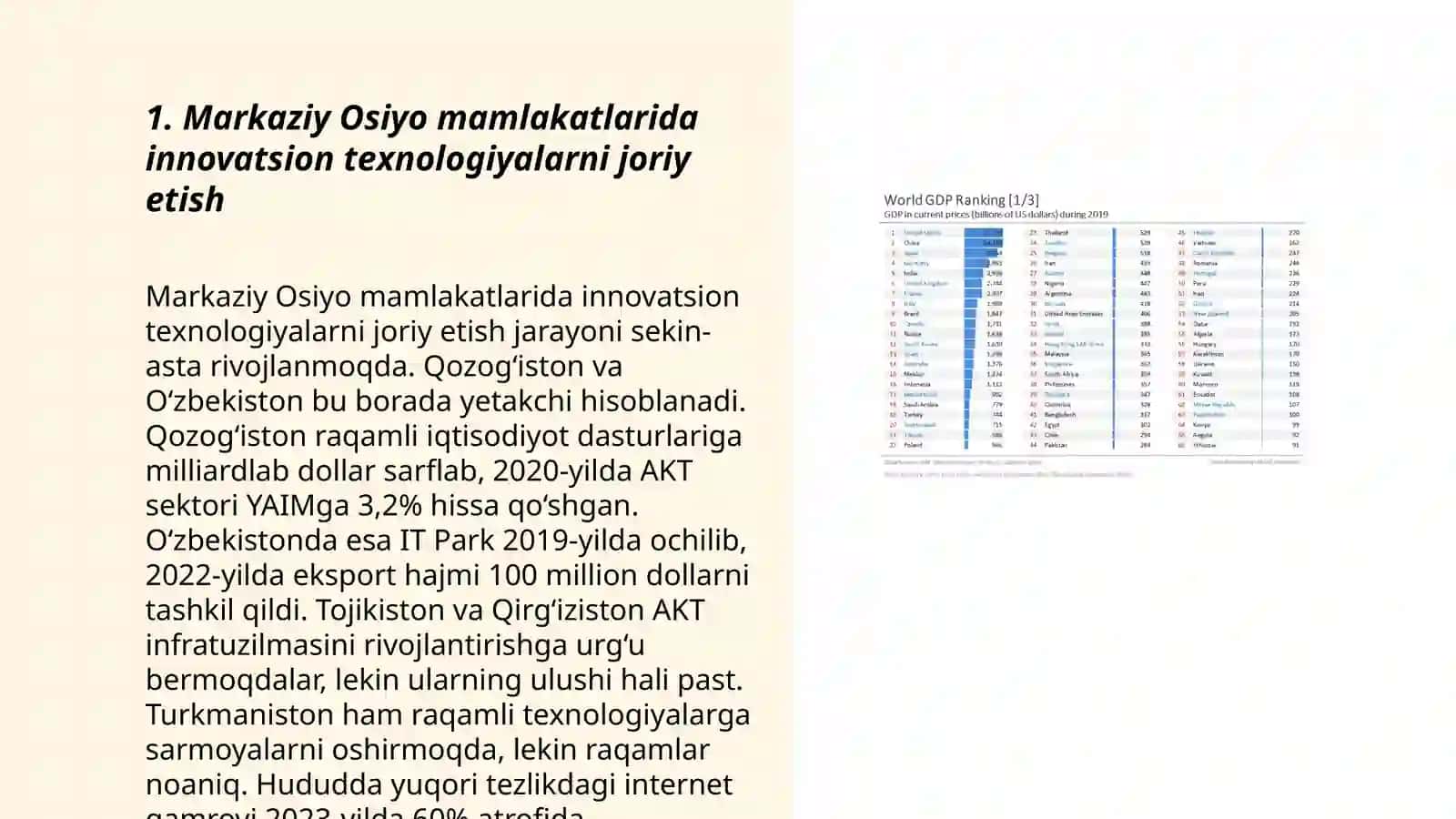 Markaziy Osiyo mamlakatlari iqtisodiyotini modernizatsiyalash xususiyatlari va ustuvor yoʻnalishlari by Foziljonov Hamidillo 3