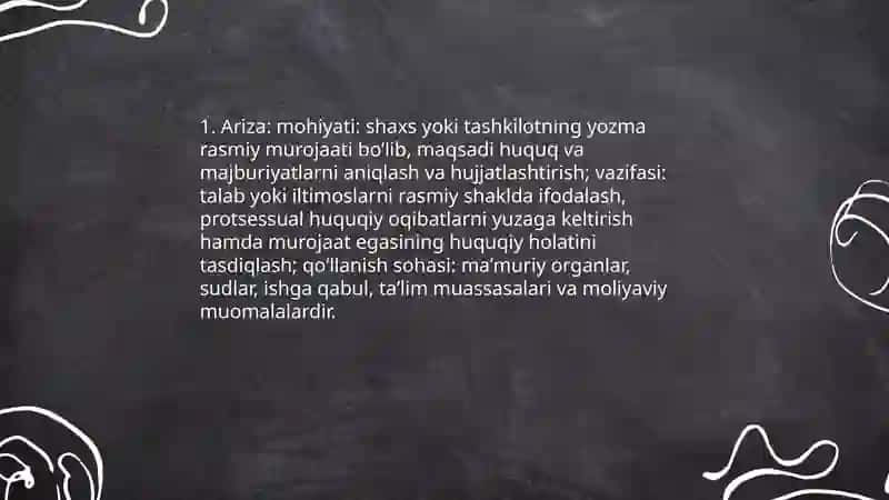 Ariza bayonnoma bildirishnoma dalolatnoma ishonchnoma maʼlumotnoma tavsif tavsiyanoma tarjimayi hol tilxat eʼlon hisobot xizmat xati daʼvo xati iltimos xati kafolat xati soʻrov xati farmoyish koʻrsatma buyruq 3