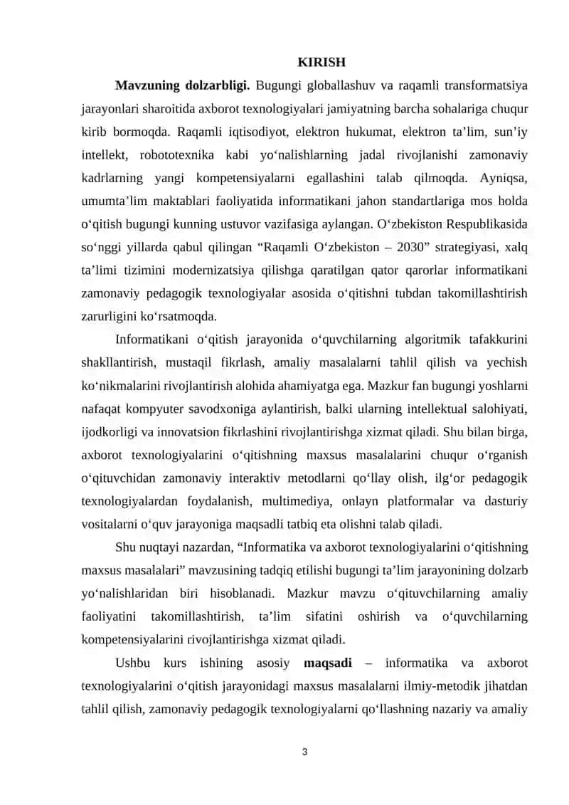 Informatika va axborot texnologiyalarini oʻqitishning maxsus masalalari 3