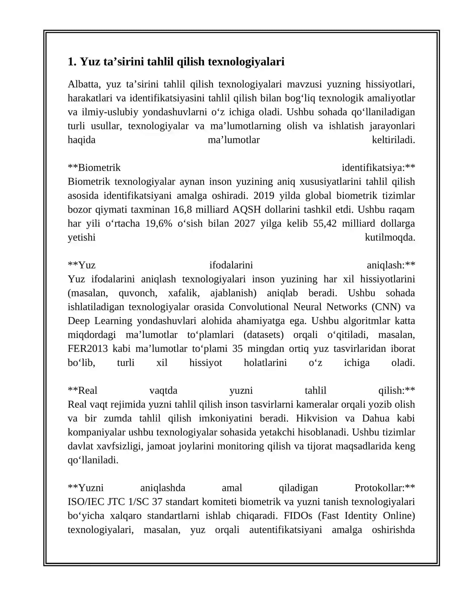 YUZ TA’SIRIGA ASOSLANGAN AUTENTIFIKATSIYA USULI VA UNING XUSUSIYATLAR mavzusida tayyor mustaqil ta'lim 3