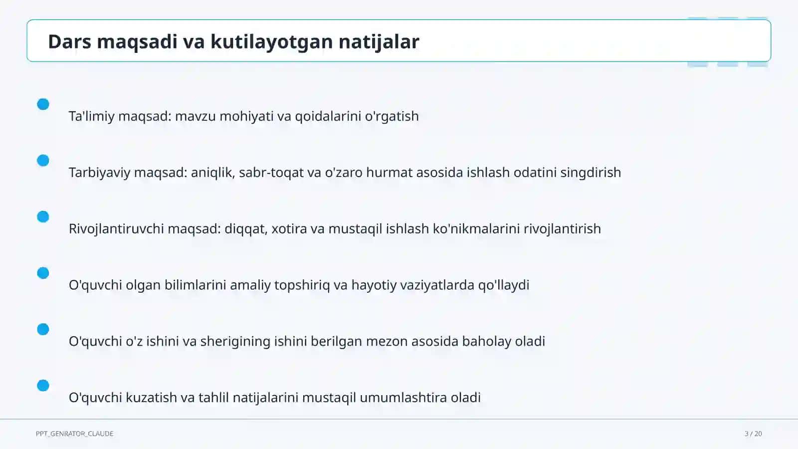 Sinf soati va tarbiyaviy tadbirlar (1–11) — ochiq dars uchun 3