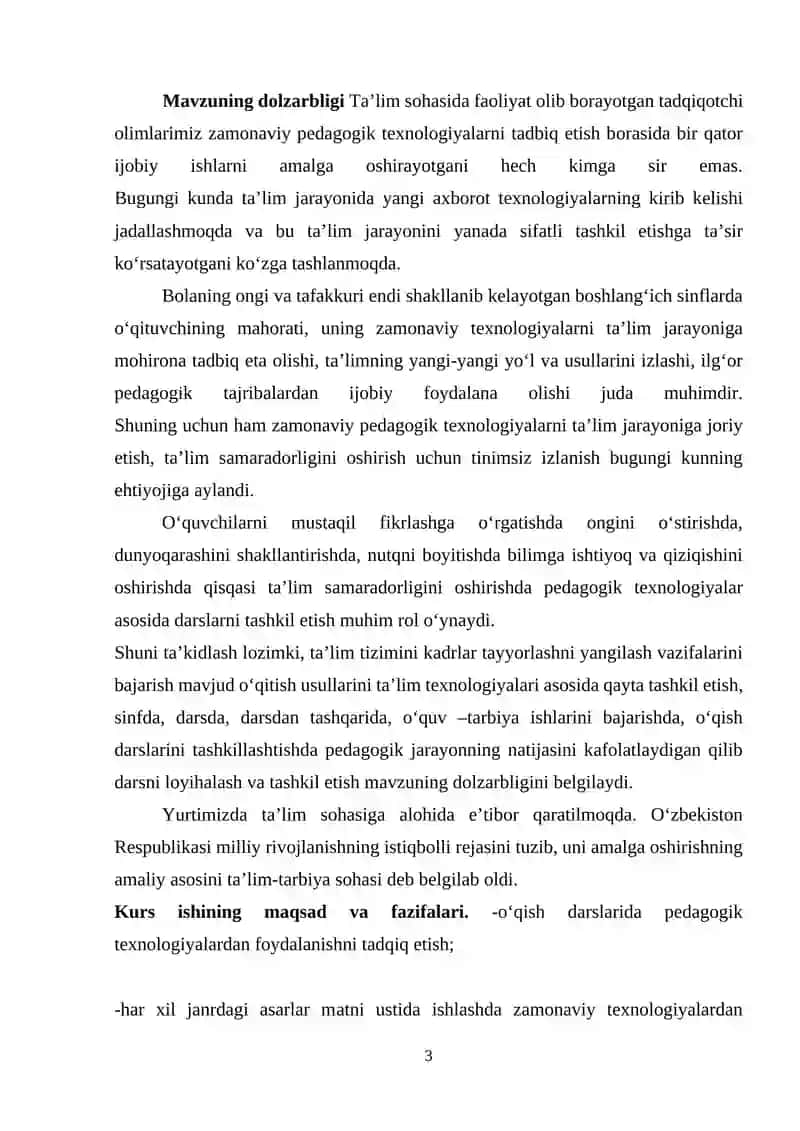 Tа’lim sоhаsidа fаоliyat оlib bоrаyotgаn tаdqiqоtchi оlimlаrimiz zаmоnаviy pеdаgоgik tехnоlоgiyalаrni tаdbiq etish bоrаsidа bir qаtоr ijоbiy ishlаrni аmаlgа оshirаyotgаni hеch kimgа sir emаs 3