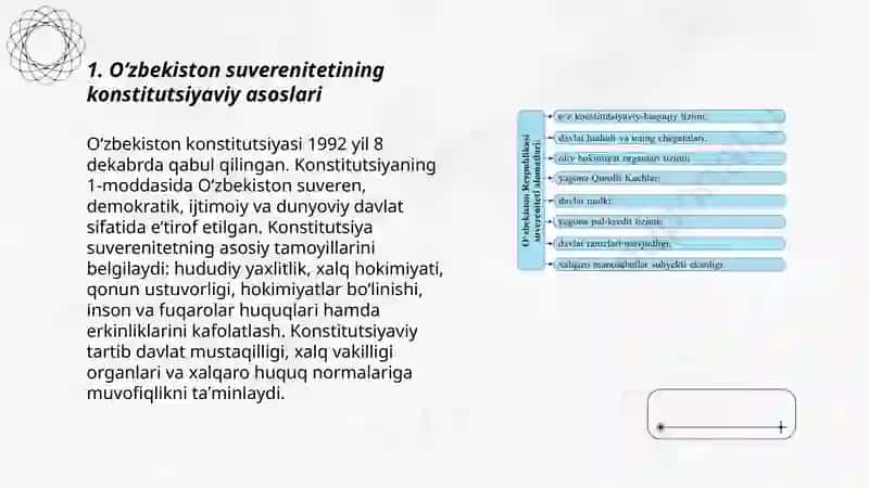 Oʻzbekiston-boshqaruvning respublika shakliga ega boʻlgan suveren, demokratik, huquqiy, ijtimoiy va dunyoviy davlat 3