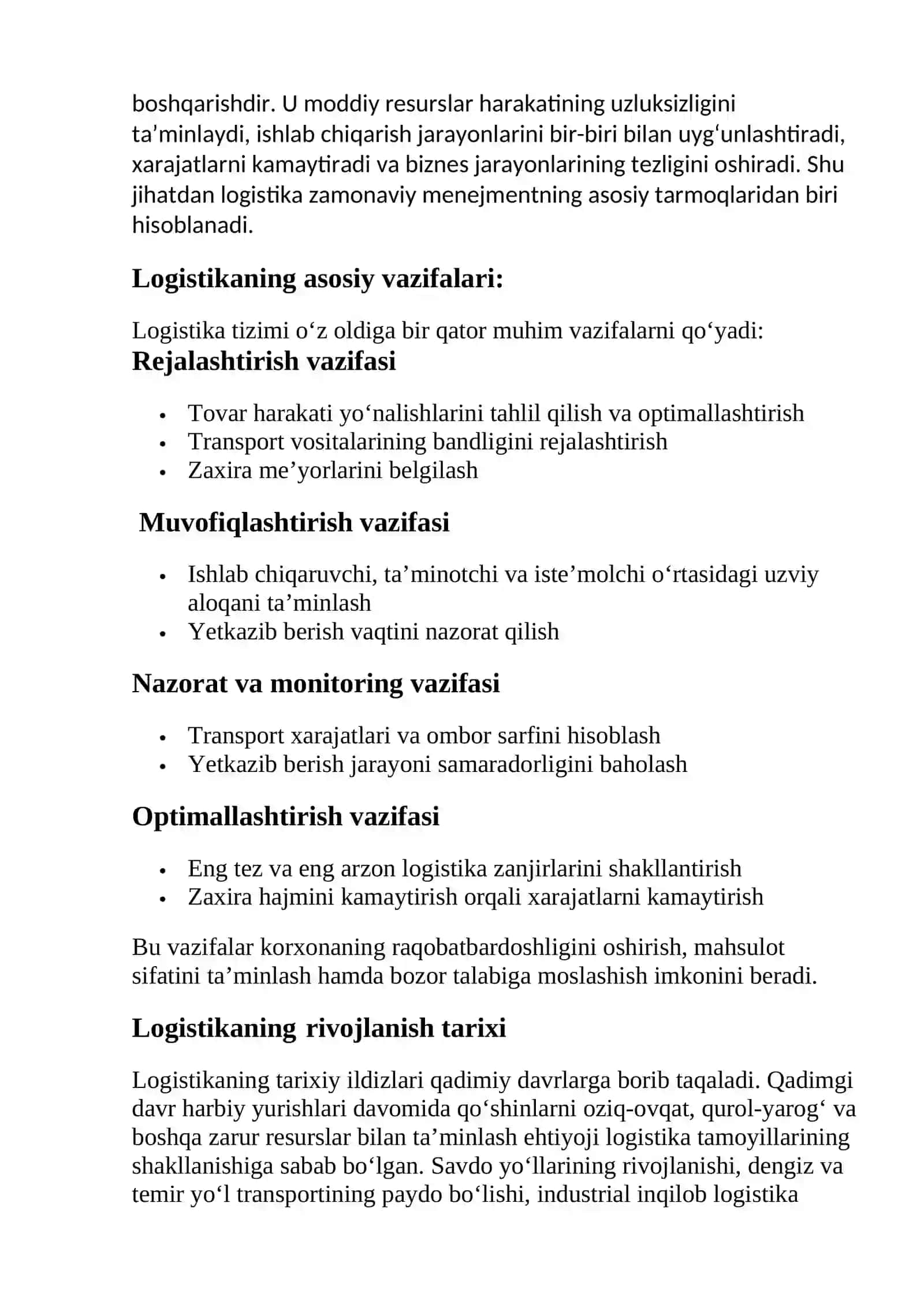 Logistikaning mazmuni, vazifalari va rivojlanish tarixi 3