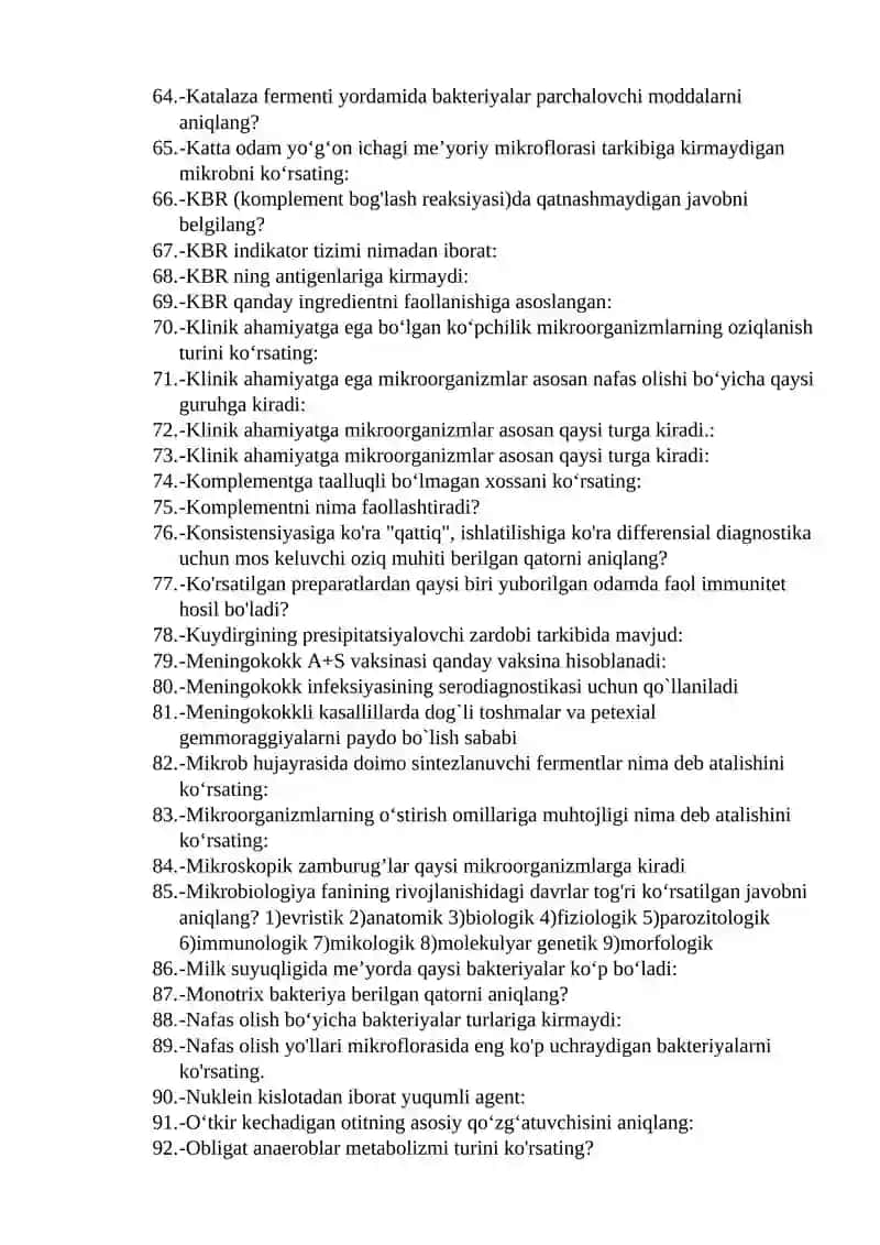 Mikrobiologiya va immunologiya fanidan test savollari 3