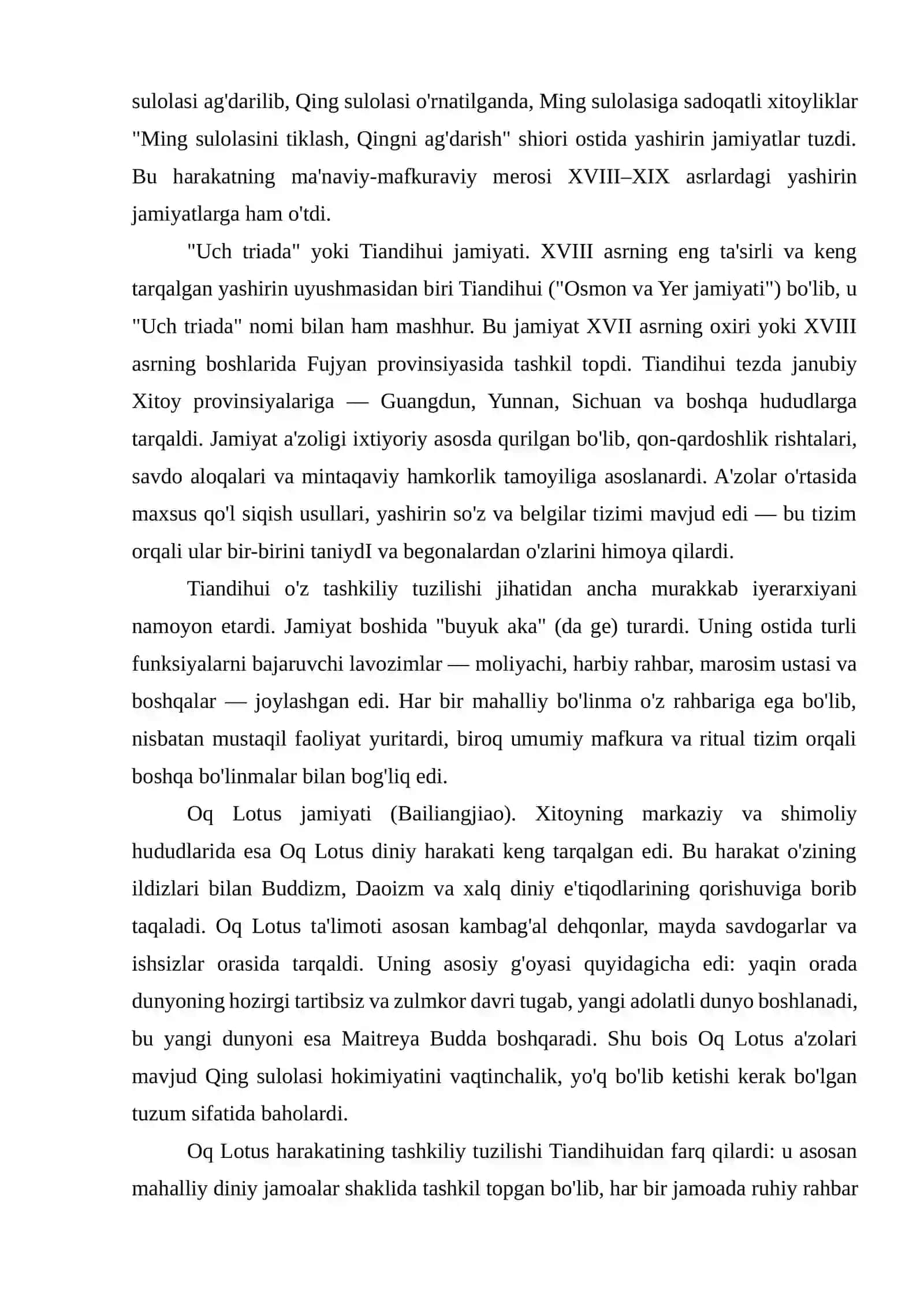 XVIII ASR OXIRI — XIX ASRLARDA XITOYDA YASHIRIN JAMIYATLAR VA XALQ QO'ZG'OLONLARI 3