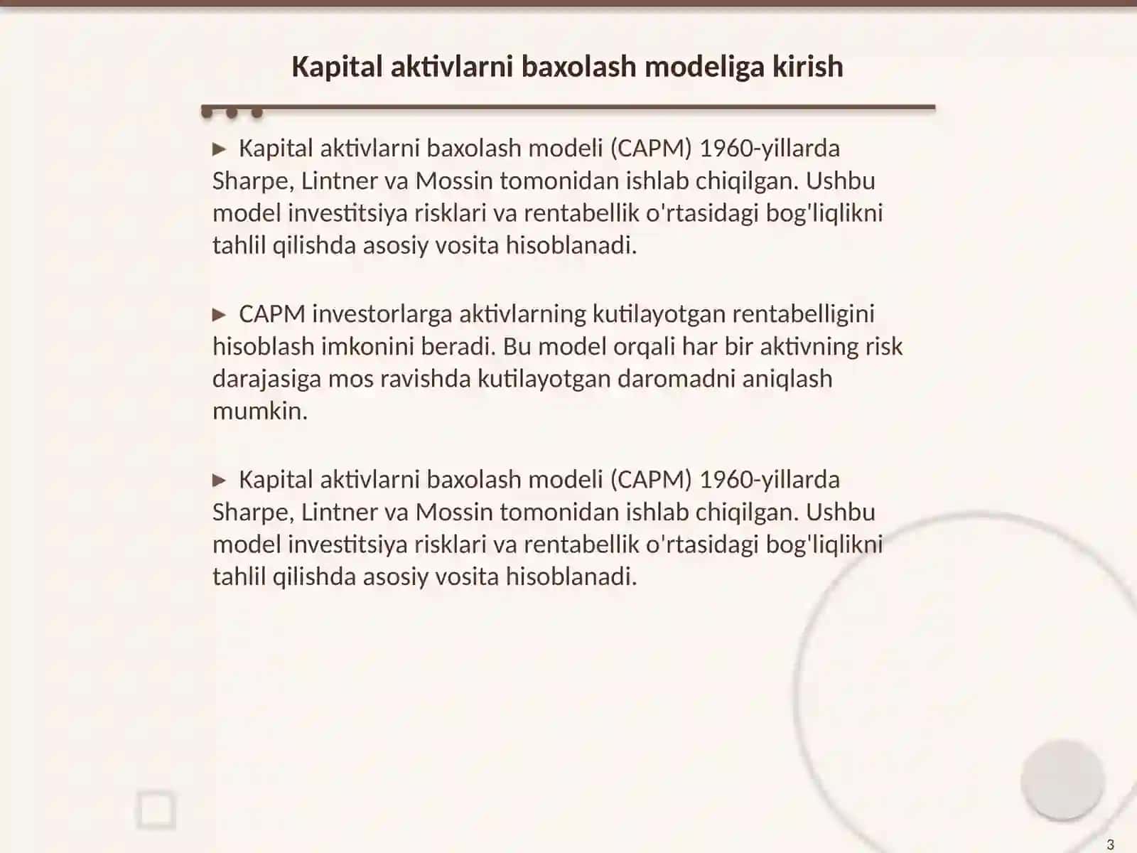 Kapital aktivlarni baxolash modeli va undagi asosiy indikatorlar 3