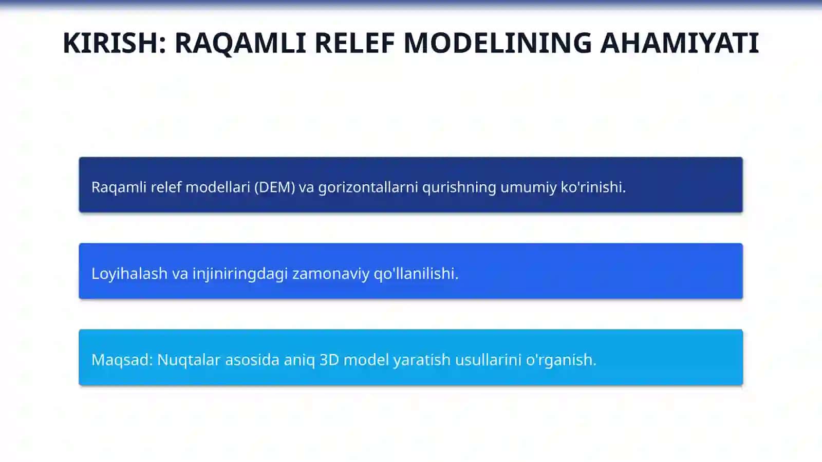 Raqamli relef modeli (3D) va gorizontallarni qurish: Nuqtalar asosida joyning 3D modelini yasash hamda gorizontallarni (relef chiziqlarini) oʻtkazish. 3