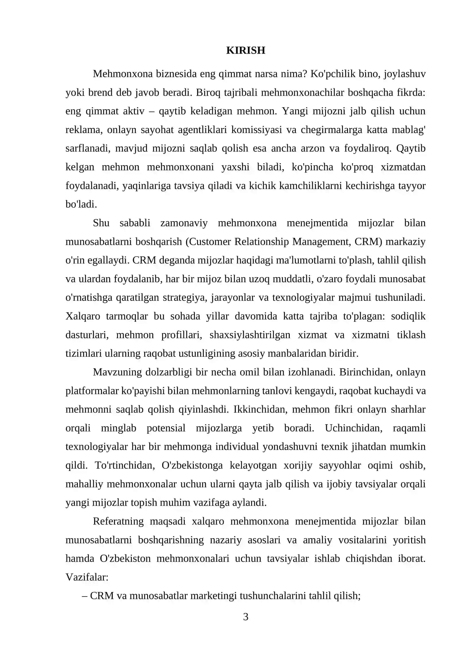 “Xalqaro mehmonxona menejmentida mijozlar bilan munosabatlar” REFERAT 3