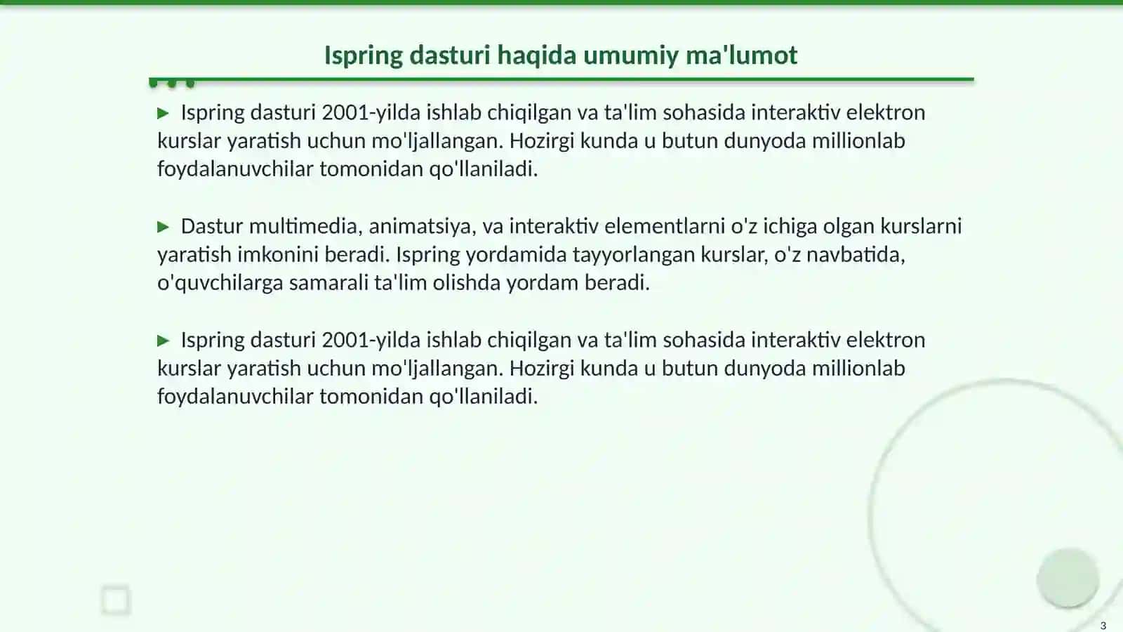 Ispring dasturi yordamida multimediali interaktiv elektron kurs yaratish 3