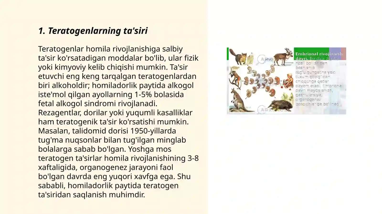 Teratogen omillar Postembrional umumiy qonuniyatlari. Gerantologiya. Regeneratsiya. Gomeostaz. Transplantatsiya 3