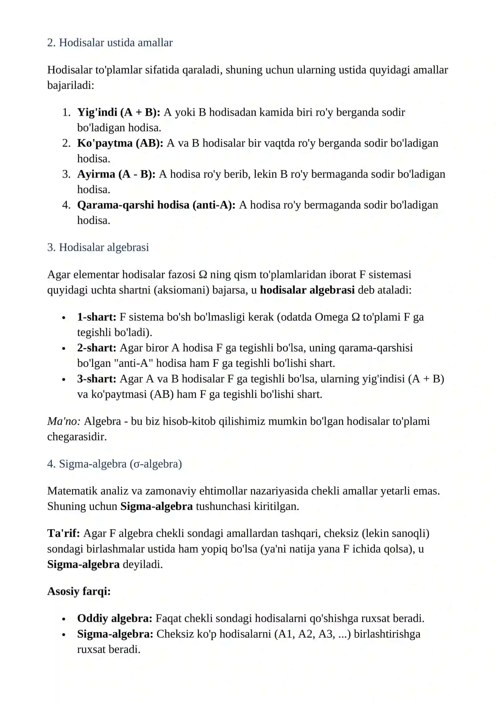 1-mustaqil ish.HODISALAR VA ULARNING TURLARI. HODISALAR ALGEBRASI VA SIGMA-ALGEBRASI 3