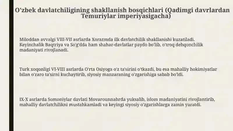 Oʻzbek davlatchiligining shakllanishi va taraqqiyoti bosqichlari 3