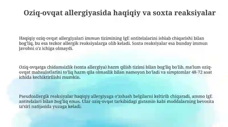 Oziq ovqat allergiyasida haqiqiy va soxta reaksiyalar 3