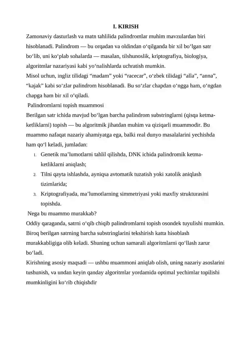 SATIRDAGI BARCHA PALINDROMLARNI TOPISH ALGORITIMI 3
