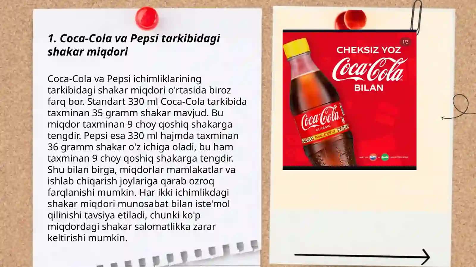 Coca-Cola va Pepsi tarkibidagi shakar miqdori 3