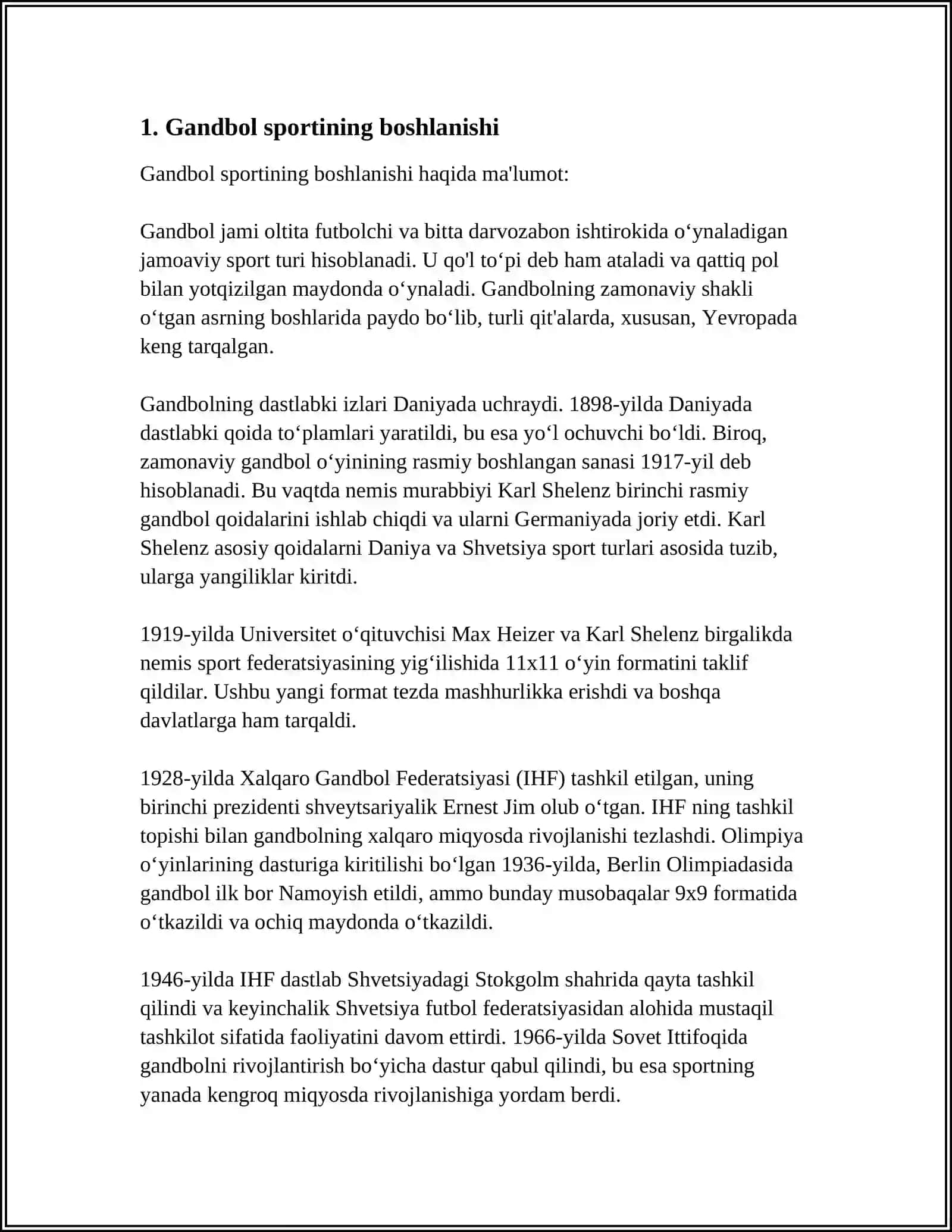 MUSTAQIL ISH Mavzu: GANDBOL SPORT TURINING KELIB CHIQISHI VA RIVOJLANISHI TARIXI 3