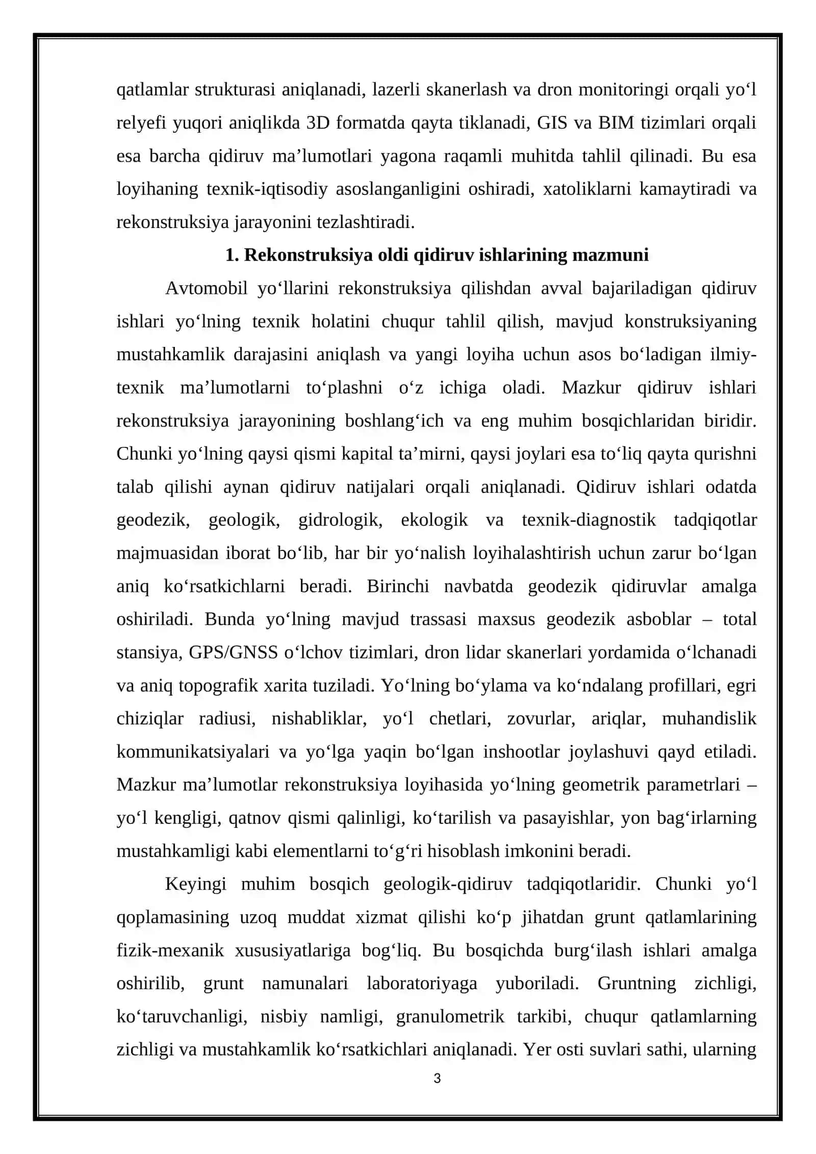 Avtomobil yo'lining rekonstruksiya qidiruv ishlari o'ziga xos xususiyalar 3
