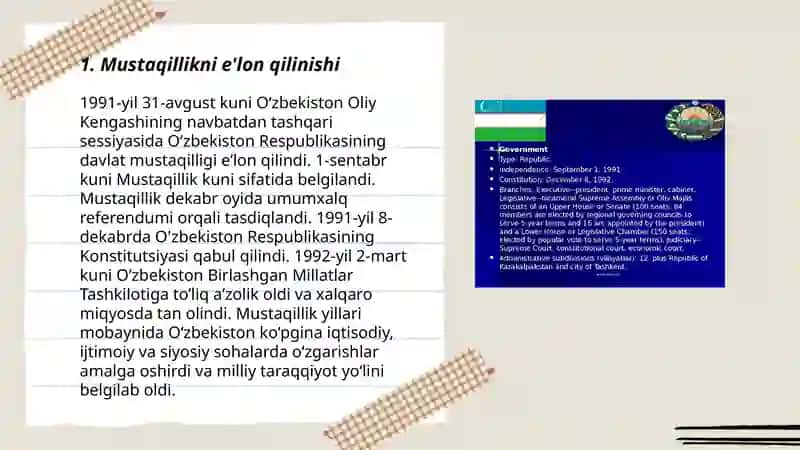 Mustaqil O'zbekiston Respublikasining tashkil topishi va uning tarixiy ahamiyati 3