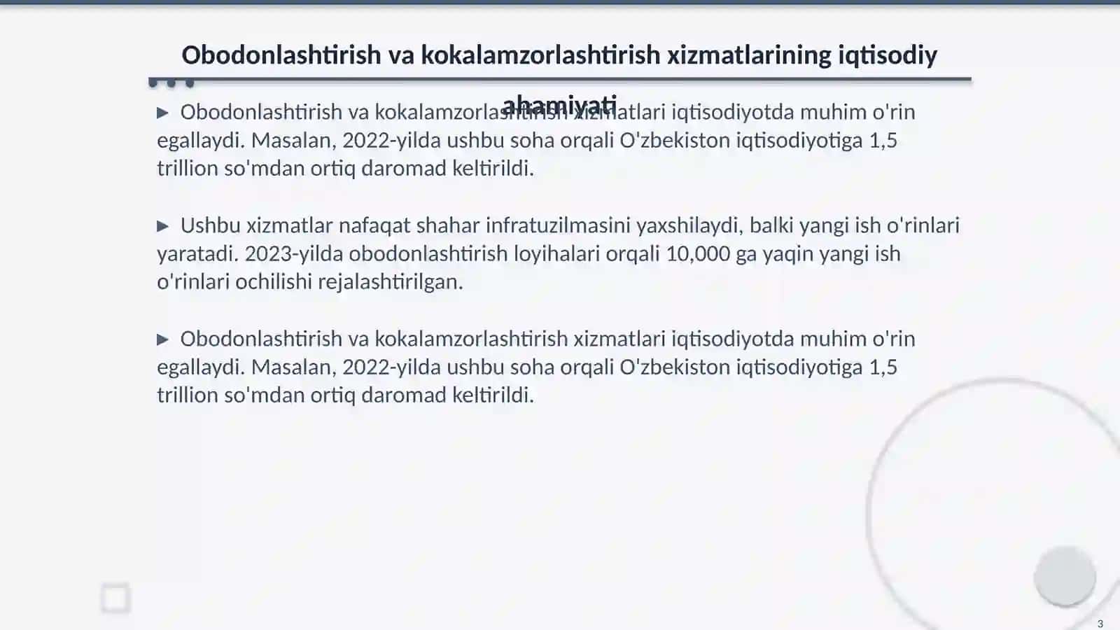Obodonlashtirish va kokalamzorlashtirish xizmatlarining iqtisodiy ahamiyati 3