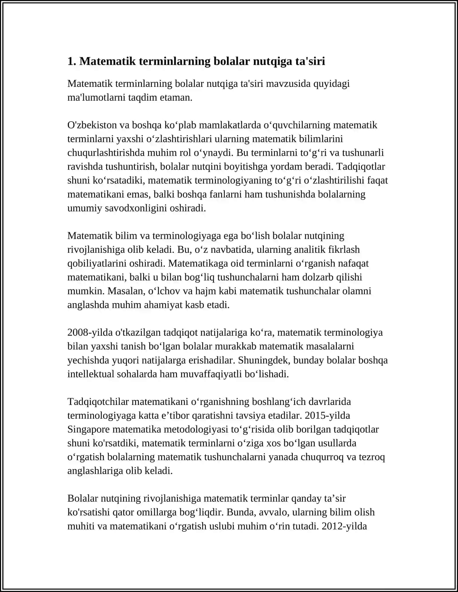 MUSTAQIL ISH Mavzu: MAKTABGACHA YOSHDAGI BOLALAR NUTQIDA MATEMATIK TERMINLARNING QO‘LLANILISHI 3
