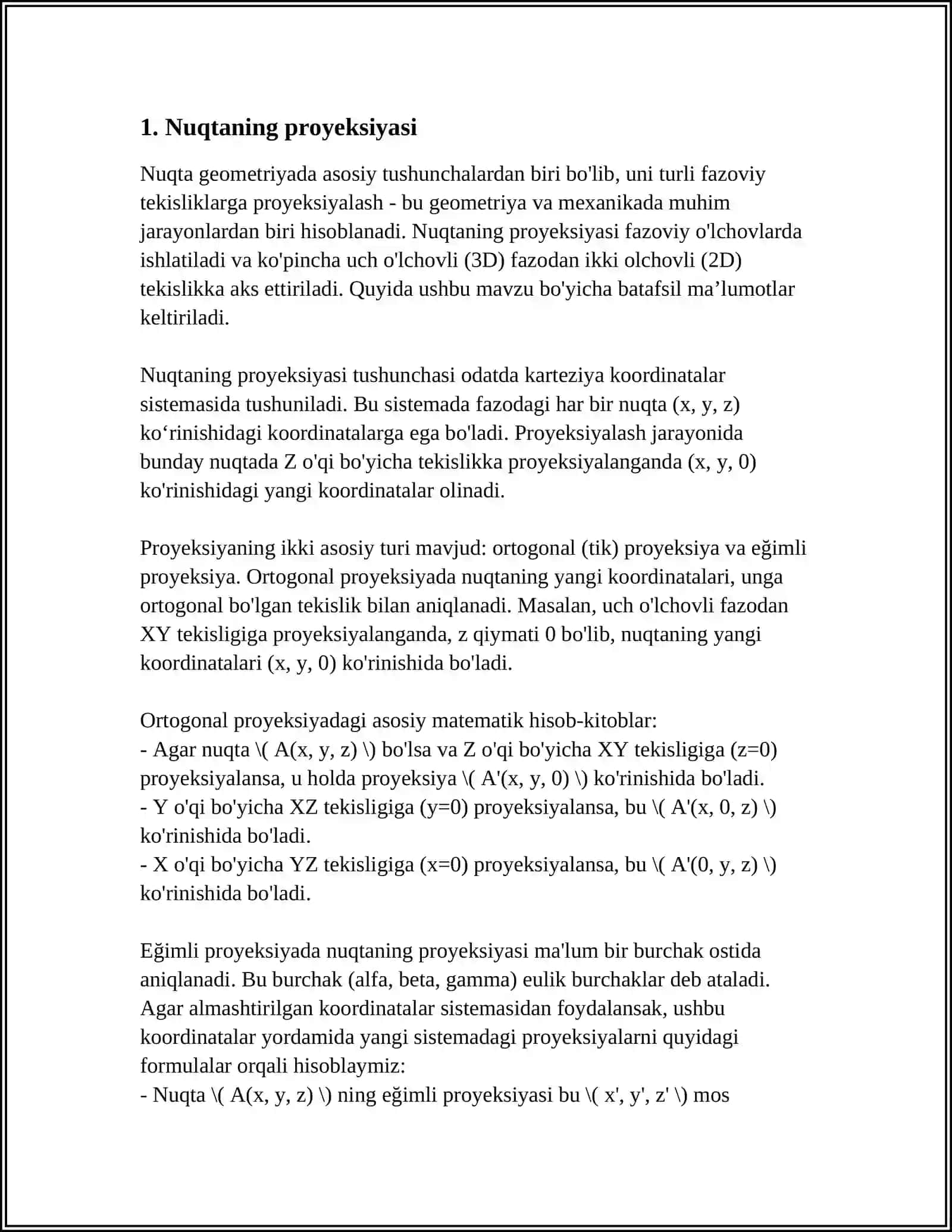 NUQTA,TOʻGʻRI CHIZIQ VA TEKISLIK PROYEKSIYALARI.METRIK VAPOZITSION MASALALAR 3