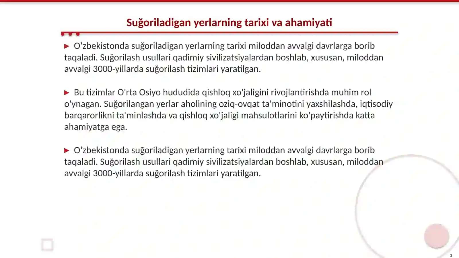 Oʻzbekistonda suğoriladigon yerlardan foydalanish va ularning hozirgi holati 3