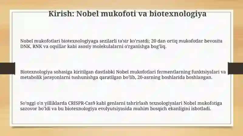 Nobel mukofoti laureatlari va biotexnologiyaga qo'shgan hissasi 3