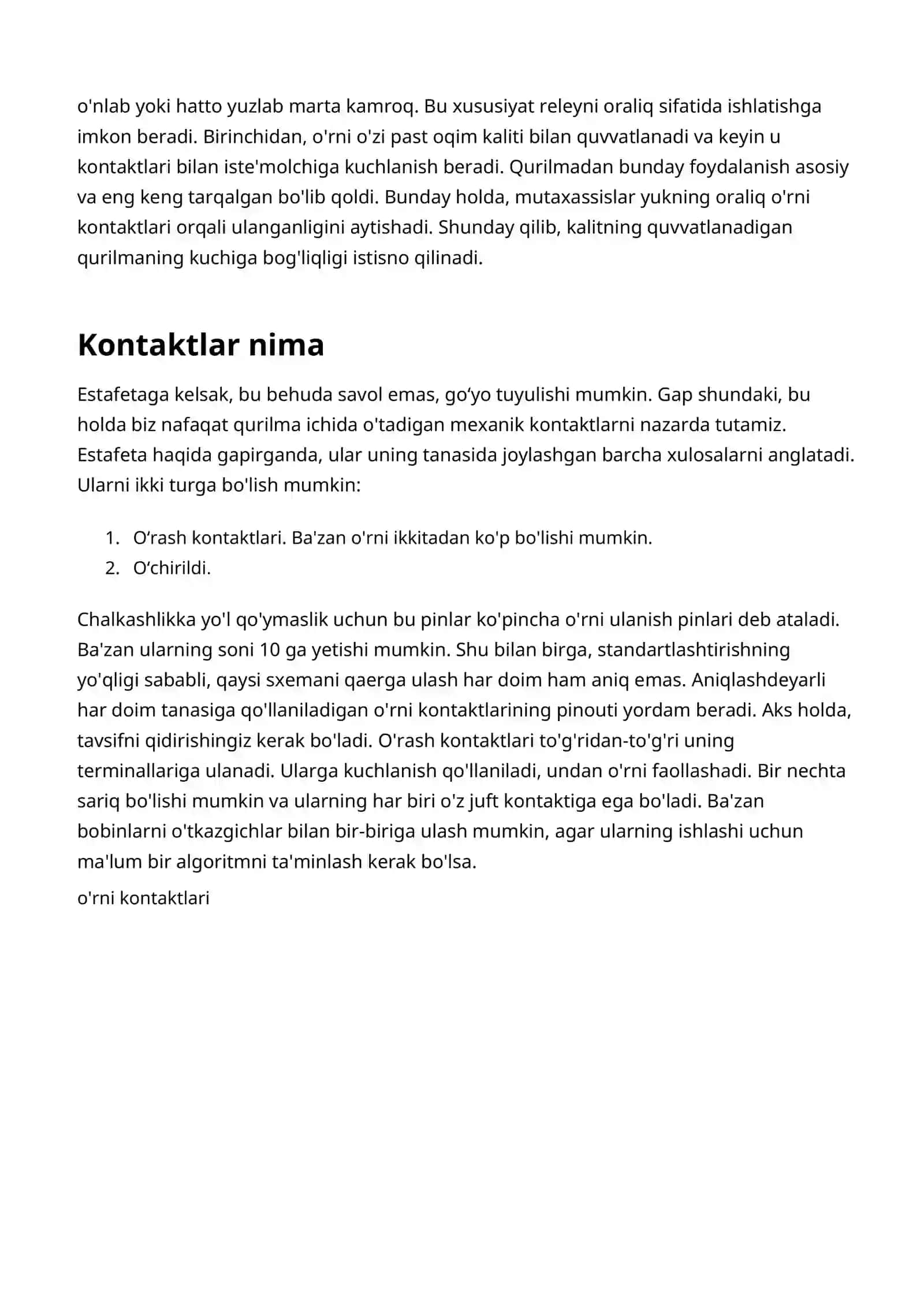 Rele kontaktlari. Relening ishlash printsipi va maqsadi 3