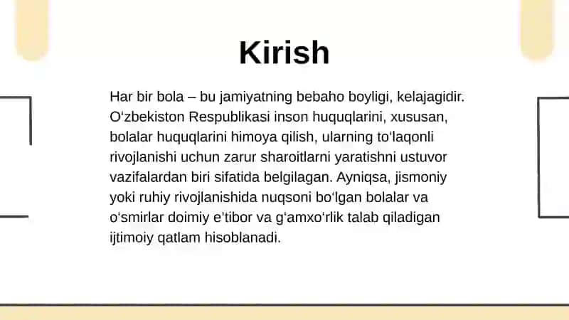 Oʻzbekiston Respublikasining jismoniy va ruhiy rivojlanishida nuqsoni boʻlgan bolalar va oʻsmirlarning ijtimoiy himoyasi 3