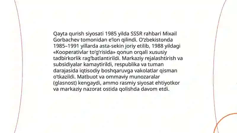 Qayta qurish yillarida o'zbekistondagi ijtimoiy siyosiy vaziyat 3