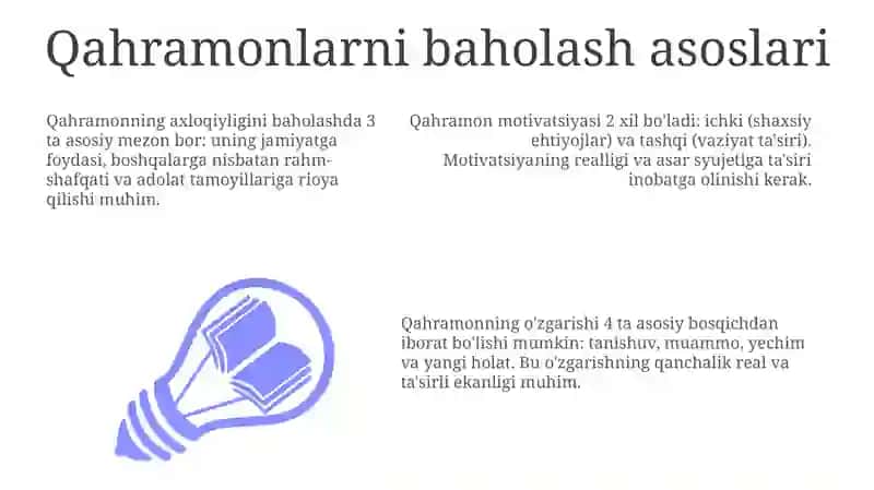 Badiiy asar qahramonlarini baholashga o'rgatishga yo'naltirilgan dars ishlanmalari 3