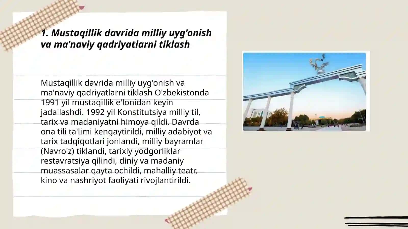 Mustaqillik yillarida O'zbekistondagi ma'naviy va madaniy taraqqiyot 3