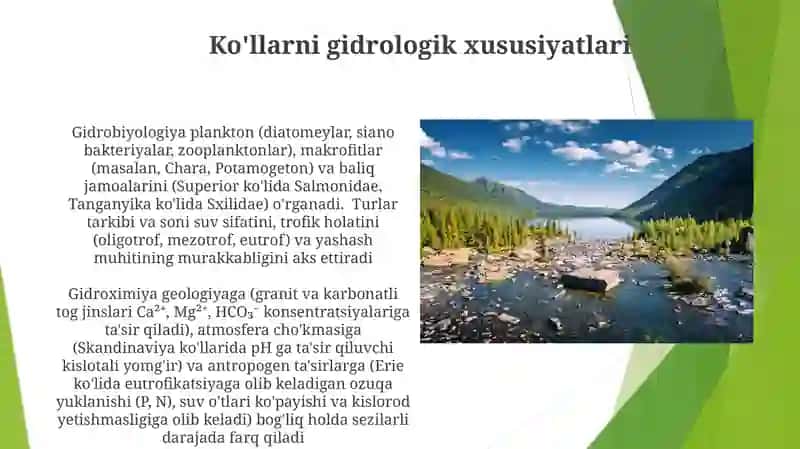 Koʻllarning umumiy tasnifi: gidrologiyasi, gidrokimyosi, gidrobiotsenozi 3
