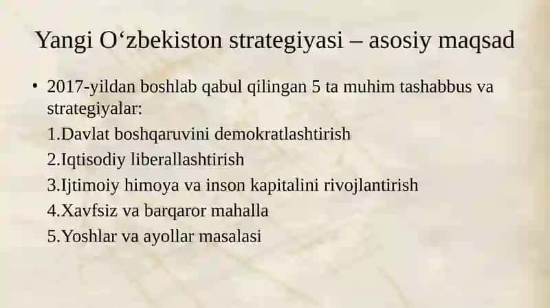 Yangi Oʻzbekistonda Prezident Sh. Mirziyoyev rahbarligi va tashabbusi ostida amalga oshirilayotgan islohotlar. Yangi O'zbekistonda xalqchil va insonparvar davlat qurishning ijtimoiy-siyosiy ahamiyati 3