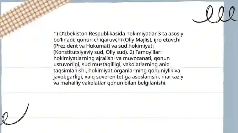 Oʻzbekiston Respublikasida hokimiyatlar tizimi (qonun chiqaruvchi, ijro etuvchi va sud hokimiyati) 3
