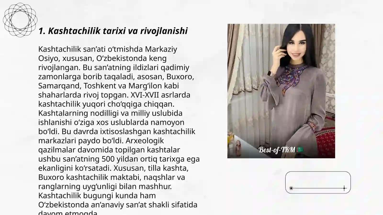 Kashtachilik va zamonaviy kiyimlar uy roʻzgʻor buyumlarini oʻrganish 3