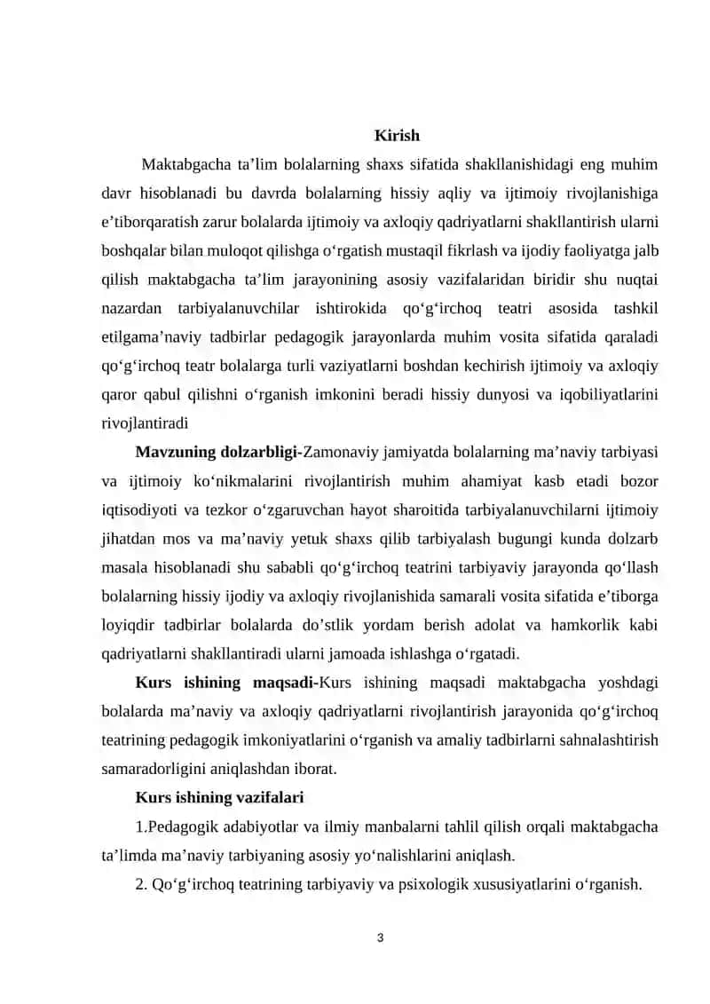 MAKTABGACHA TA'LIM JARAYONIDA TARBIYALANUVCHILAR ISHTIROKIDA QO'G'IRCHOQ TEATRI ASOSIDA TASHKIL ETILGAN MA'NAVIY TADBIRLARNI SAHNALASHTIRISH.docx 3
