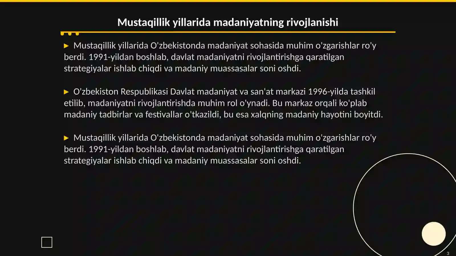 Mustaqillik yillarida Oʻzbekistondagi madaniy va maʼnaviy taraqqiyoti 3