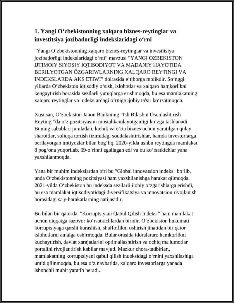 Yangi Oʻzbekistonning xalqaro biznes-reytinglar va investitsiya jozibadorligi indekslaridagi oʻrni 3