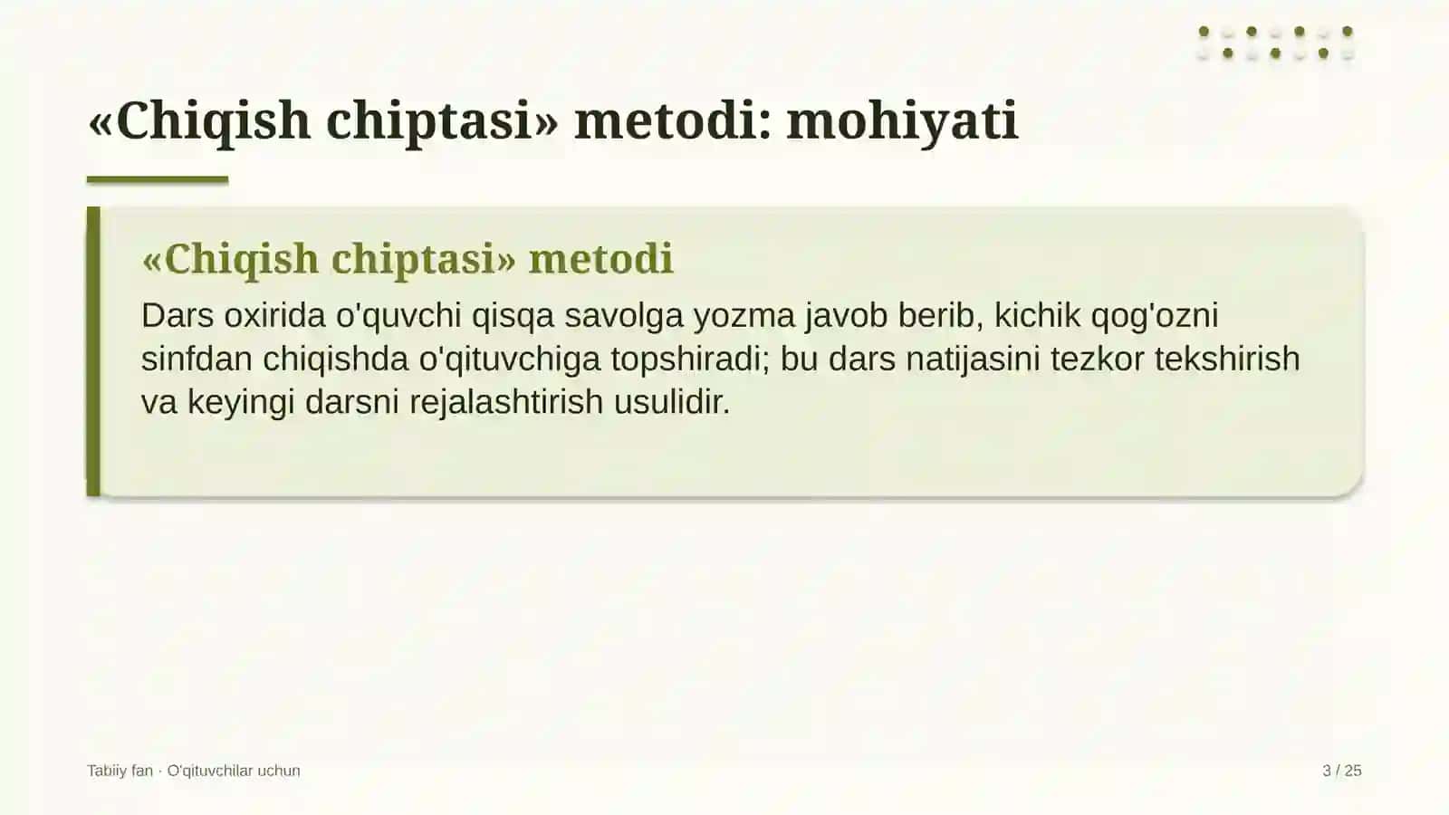 tabiiy fan darslarida chiqish chiptasi metodidan foydalanish 9140 3