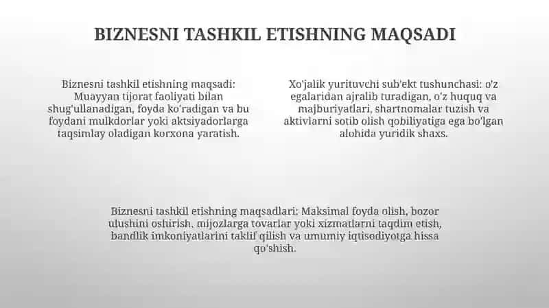 Tashkilot XoʻJalik SubʼEkti Tushunchalari Biznesni Tashkil Etishning Maqsadi Va Vazifalari 3