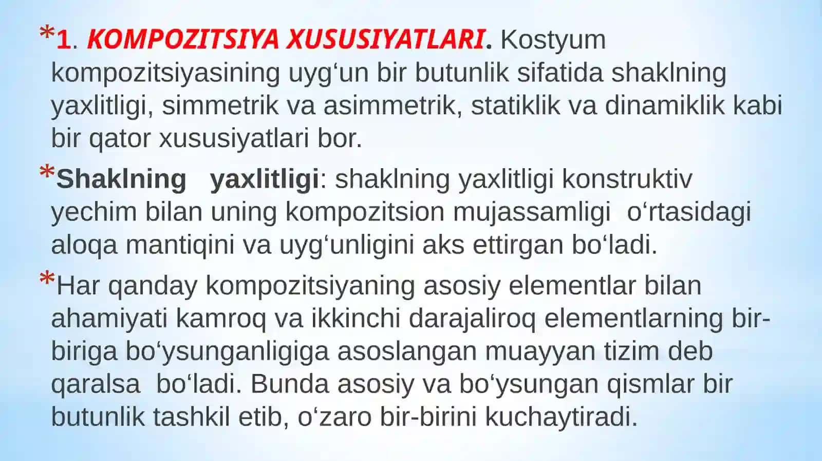 KOMPOZITSIYA XUSUSIYATLARI.KOSTYUMDAGI PROPORSIYALAR VA NISBATLARO’ZBEK MILLIY NAQSHLARI VA ULARNING TUZILISHLARI.MILLIY NAQSHLARNING RAMZIY MA’NOSI 3